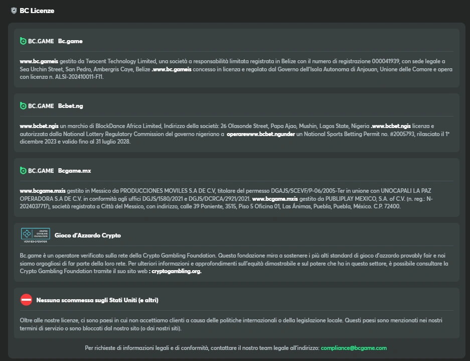 Legalità Sito ufficiale del casinò BС.Game Italia
